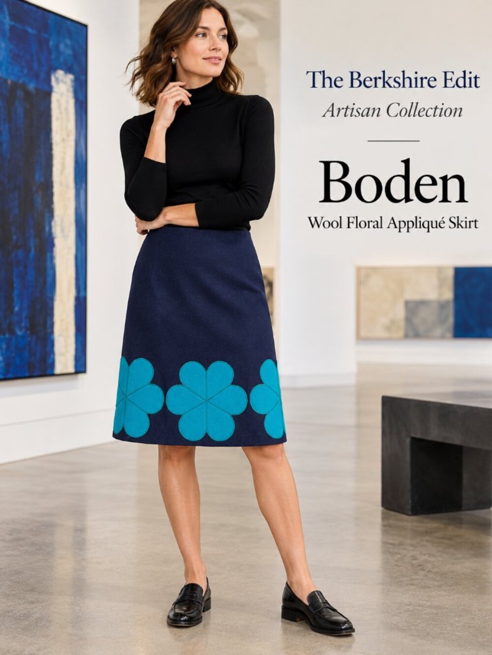 Boden Wool Blend Floral Appliqué Skirt Navy Turquoise Lined A-Line 14R